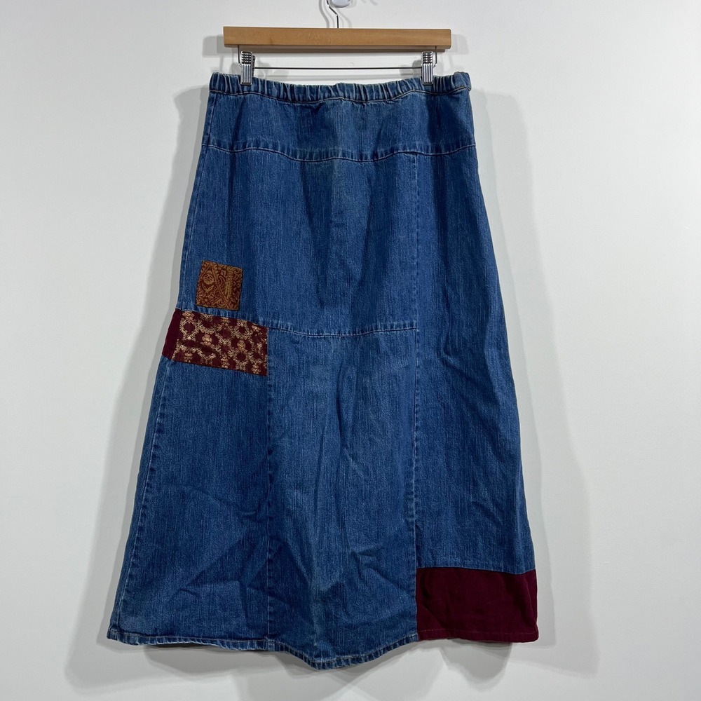 VTG August Max Boho Patchwork Denim Maxi Skirt Sz 3 Cottagecore Western Cowgirl - Picture 1 of 14